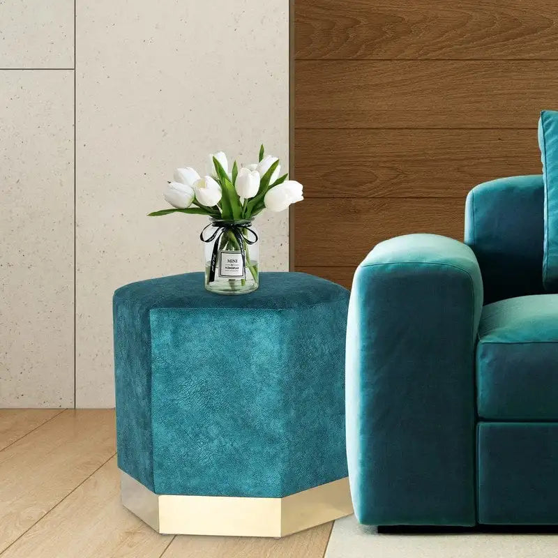 Pouf esagonale blu, rivestimento in pelle scamosciata, seduta singola