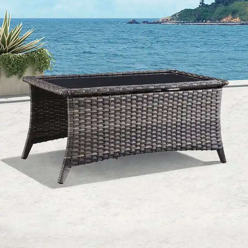 Tavolino rettangolare grigio in rattan PE con piano in vetro temperato, per 1 persona