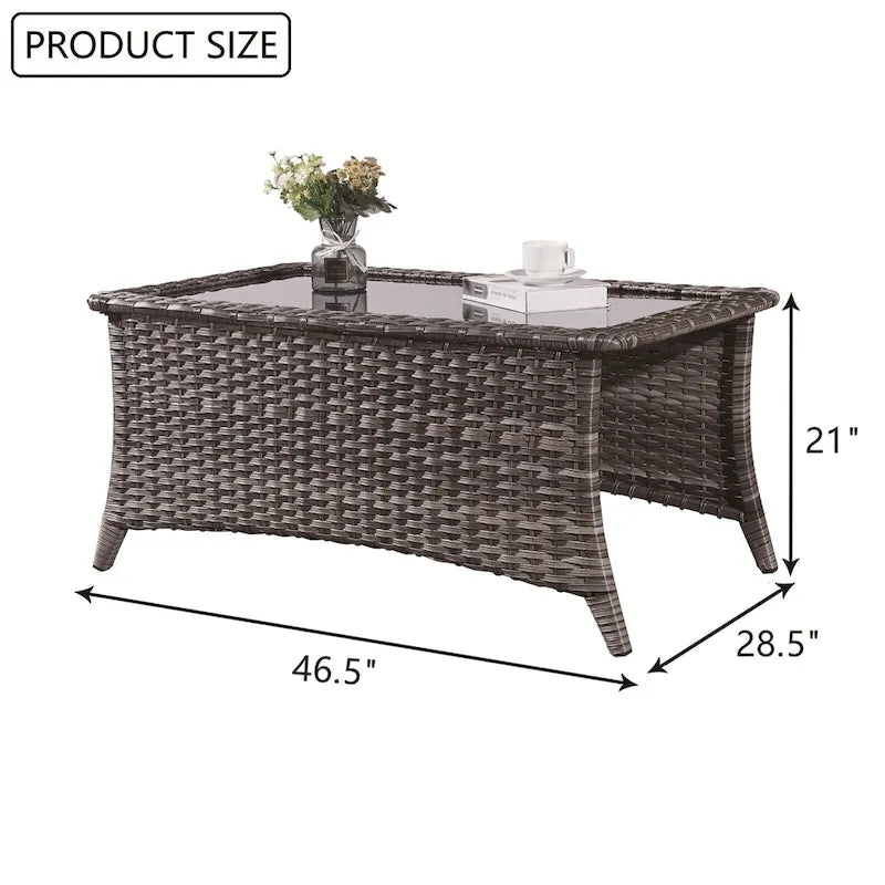 Tavolino rettangolare grigio in rattan PE con piano in vetro temperato, per 1 persona