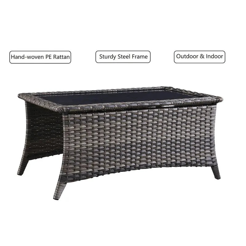 Tavolino rettangolare grigio in rattan PE con piano in vetro temperato, per 1 persona