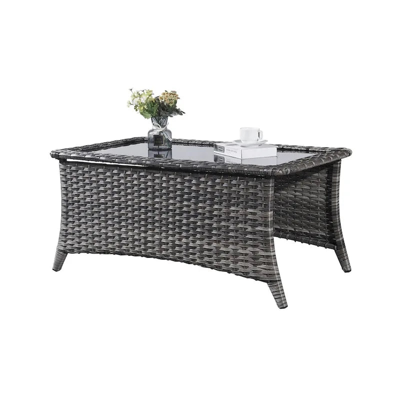 Tavolino rettangolare grigio in rattan PE con piano in vetro temperato, per 1 persona