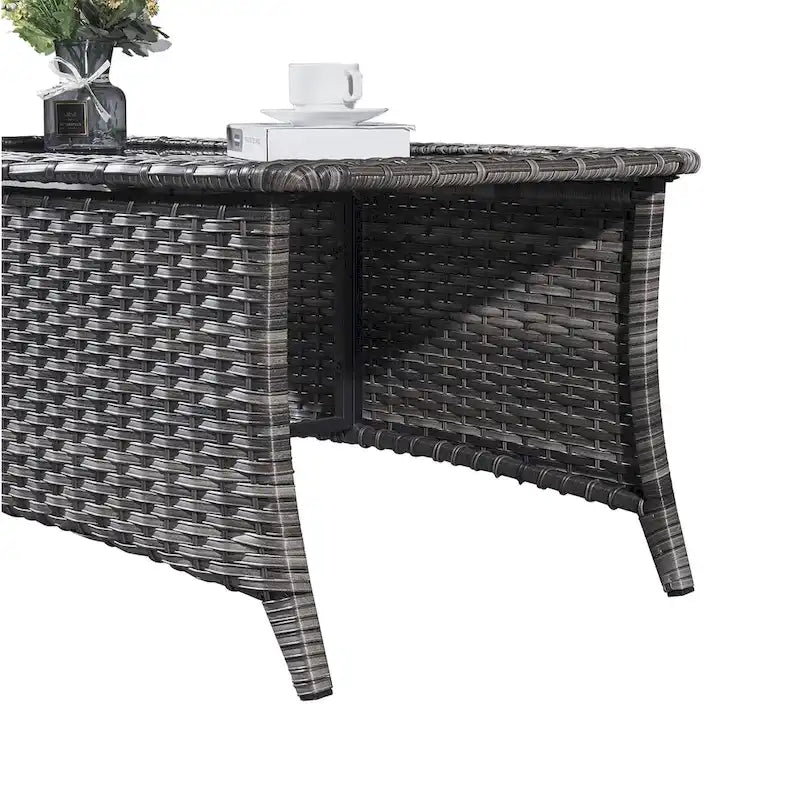 Tavolino rettangolare grigio in rattan PE con piano in vetro temperato, per 1 persona