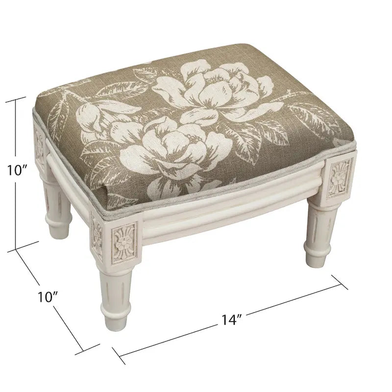 Poggiapiedi in lino color tortora, struttura in legno bianco anticato, piccolo, 1 persona