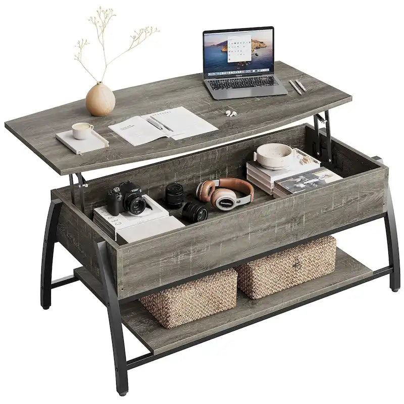 Tavolino da caffè ovale con piano sollevabile, 41.5", in rovere grigio retrò/marrone rustico, con contenitore nascosto