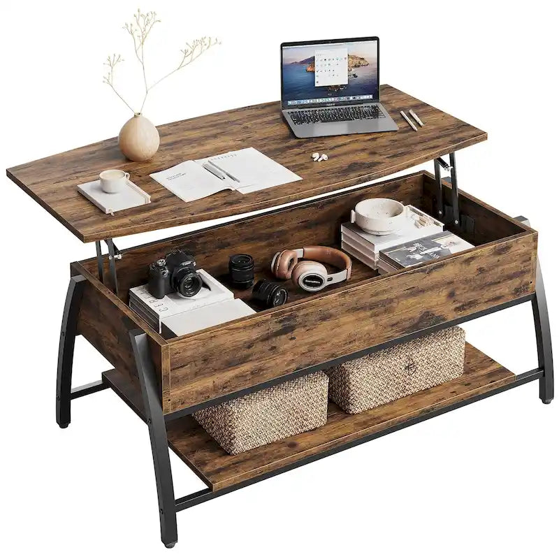 Tavolino da caffè ovale con piano sollevabile, 41.5", in rovere grigio retrò/marrone rustico, con contenitore nascosto