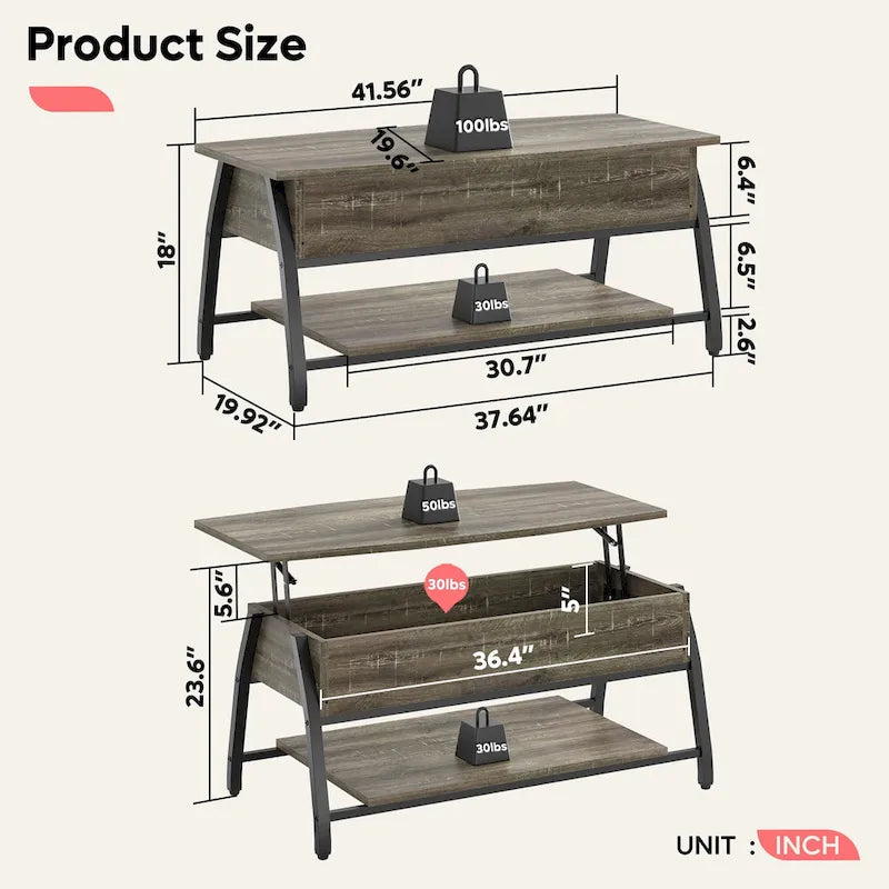 Tavolino da caffè ovale con piano sollevabile, 41.5", in rovere grigio retrò/marrone rustico, con contenitore nascosto