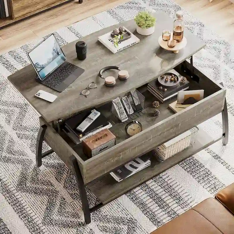 Tavolino da caffè ovale con piano sollevabile, 41.5", in rovere grigio retrò/marrone rustico, con contenitore nascosto