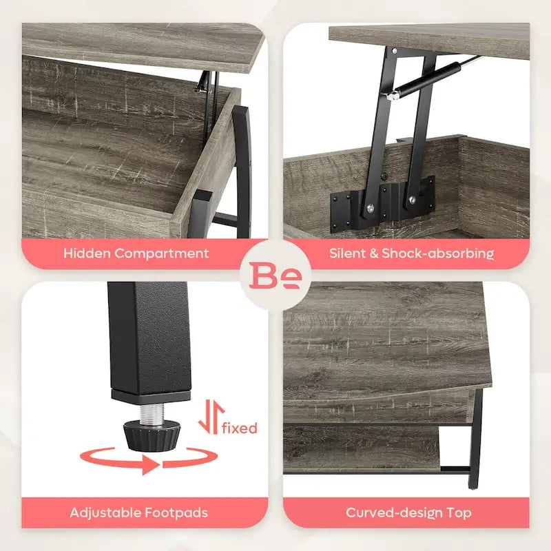 Tavolino da caffè ovale con piano sollevabile, 41.5", in rovere grigio retrò/marrone rustico, con contenitore nascosto