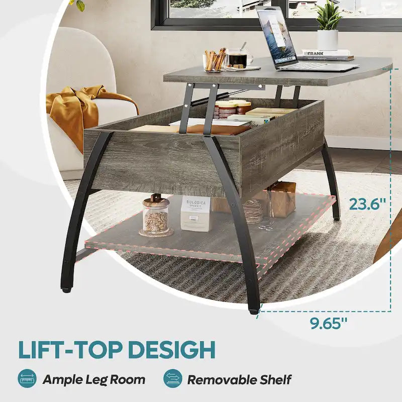Tavolino da caffè ovale con piano sollevabile, 41.5", in rovere grigio retrò/marrone rustico, con contenitore nascosto