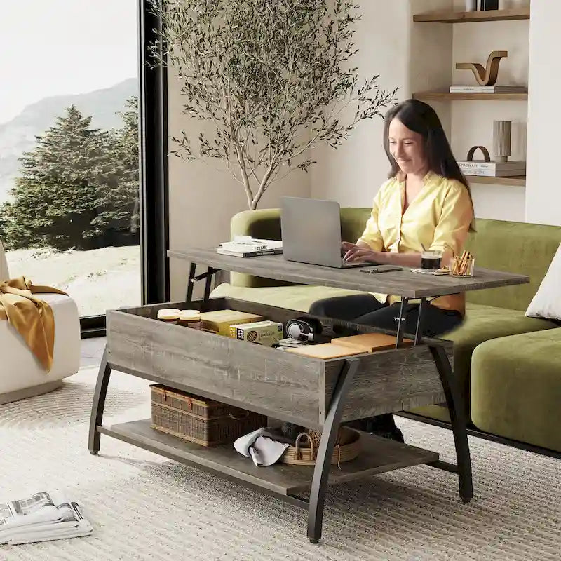 Tavolino da caffè ovale con piano sollevabile, 41.5", in rovere grigio retrò/marrone rustico, con contenitore nascosto