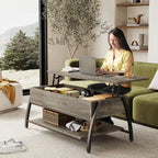 Tavolino da caffè ovale con piano sollevabile, 41.5", in rovere grigio retrò/marrone rustico, con contenitore nascosto