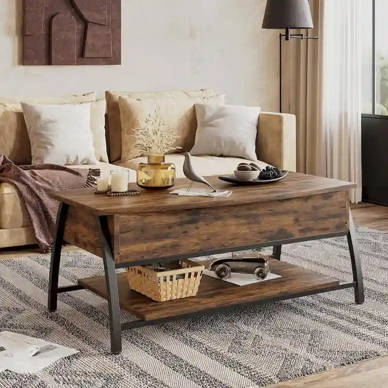 Tavolino da caffè ovale con piano sollevabile, 41.5", in rovere grigio retrò/marrone rustico, con contenitore nascosto