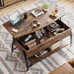 Tavolino da caffè ovale con piano sollevabile, 41.5", in rovere grigio retrò/marrone rustico, con contenitore nascosto