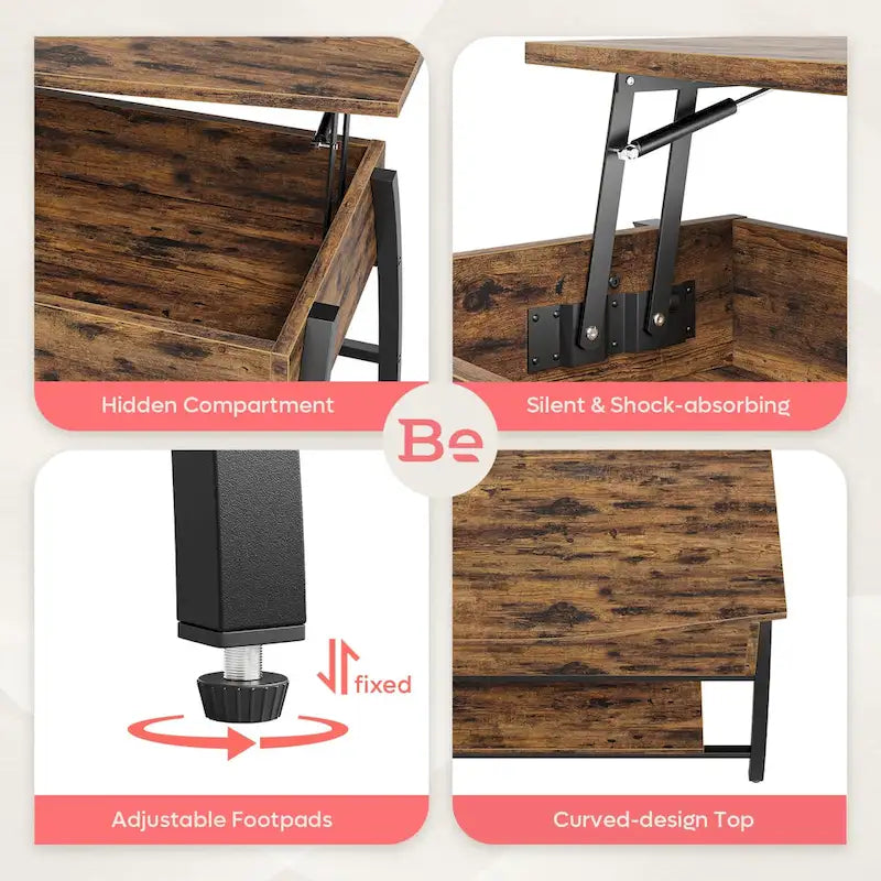 Tavolino da caffè ovale con piano sollevabile, 41.5", in rovere grigio retrò/marrone rustico, con contenitore nascosto