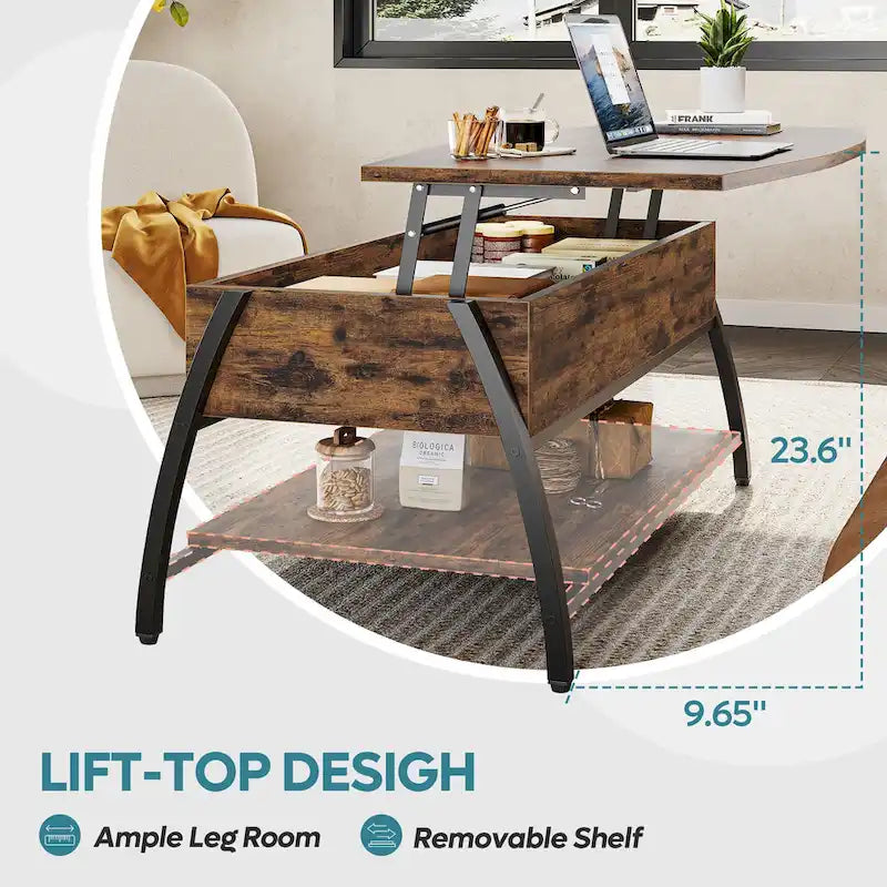 Tavolino da caffè ovale con piano sollevabile, 41.5", in rovere grigio retrò/marrone rustico, con contenitore nascosto