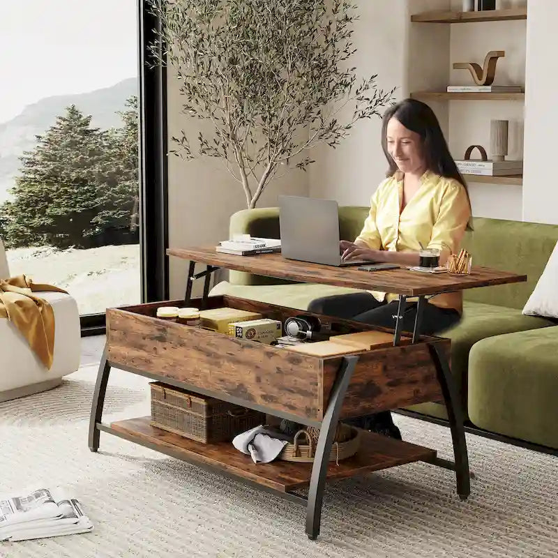 Tavolino da caffè ovale con piano sollevabile, 41.5", in rovere grigio retrò/marrone rustico, con contenitore nascosto