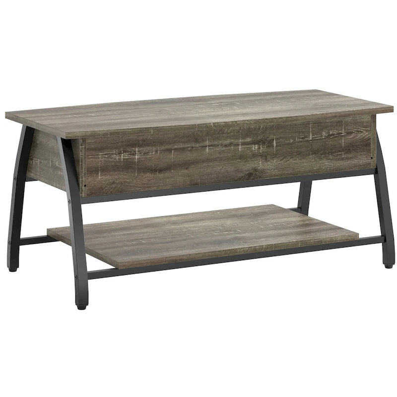 Tavolino da caffè ovale con piano sollevabile, 41.5", in rovere grigio retrò/marrone rustico, con contenitore nascosto