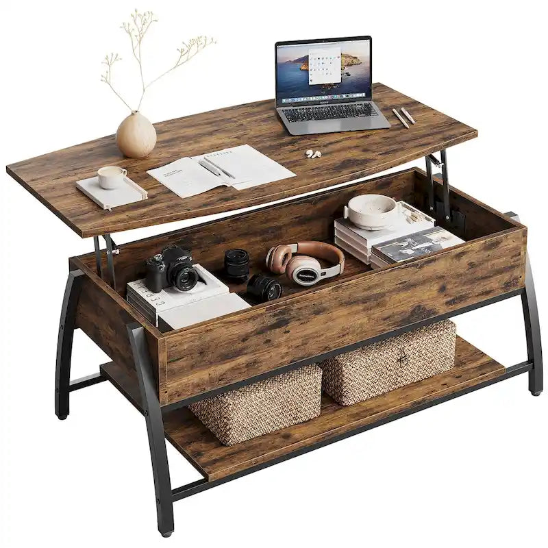 Tavolino da caffè ovale con piano sollevabile, 41.5", in rovere grigio retrò/marrone rustico, con contenitore nascosto