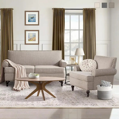 Set divanetto e poltrona decorativa con effetto lino, beige/grigio/marrone, 2 posti