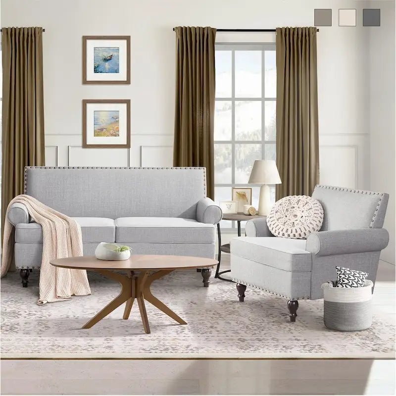Set divanetto e poltrona decorativa con effetto lino, beige/grigio/marrone, 2 posti