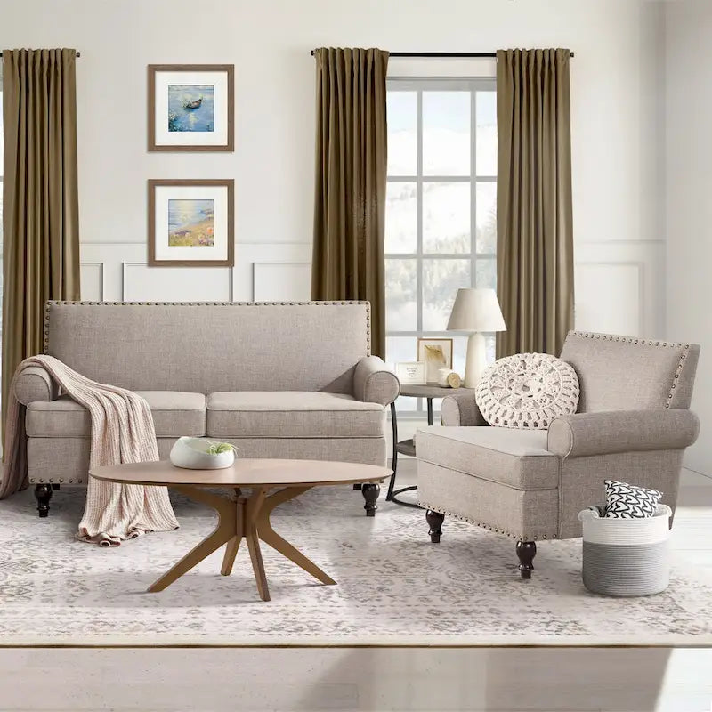 Set divanetto e poltrona decorativa con effetto lino, beige/grigio/marrone, 2 posti