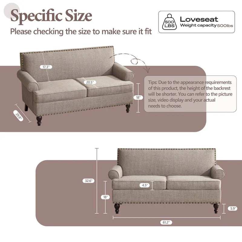 Set divanetto e poltrona decorativa con effetto lino, beige/grigio/marrone, 2 posti