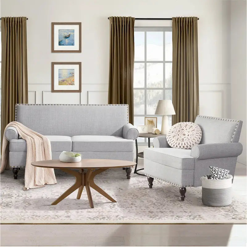Set divanetto e poltrona decorativa con effetto lino, beige/grigio/marrone, 2 posti
