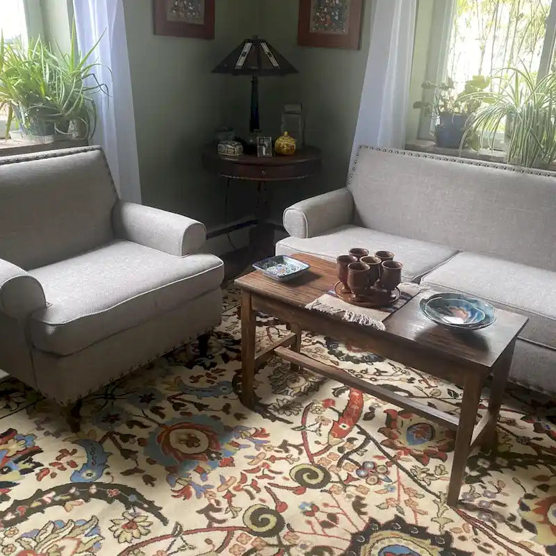 Set divanetto e poltrona decorativa con effetto lino, beige/grigio/marrone, 2 posti