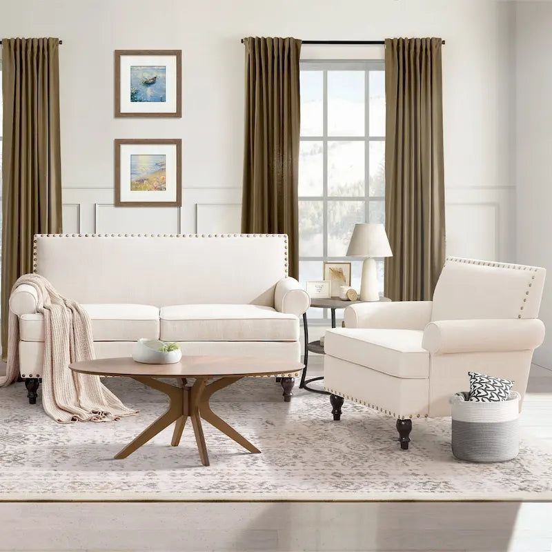 Set divanetto e poltrona decorativa con effetto lino, beige/grigio/marrone, 2 posti