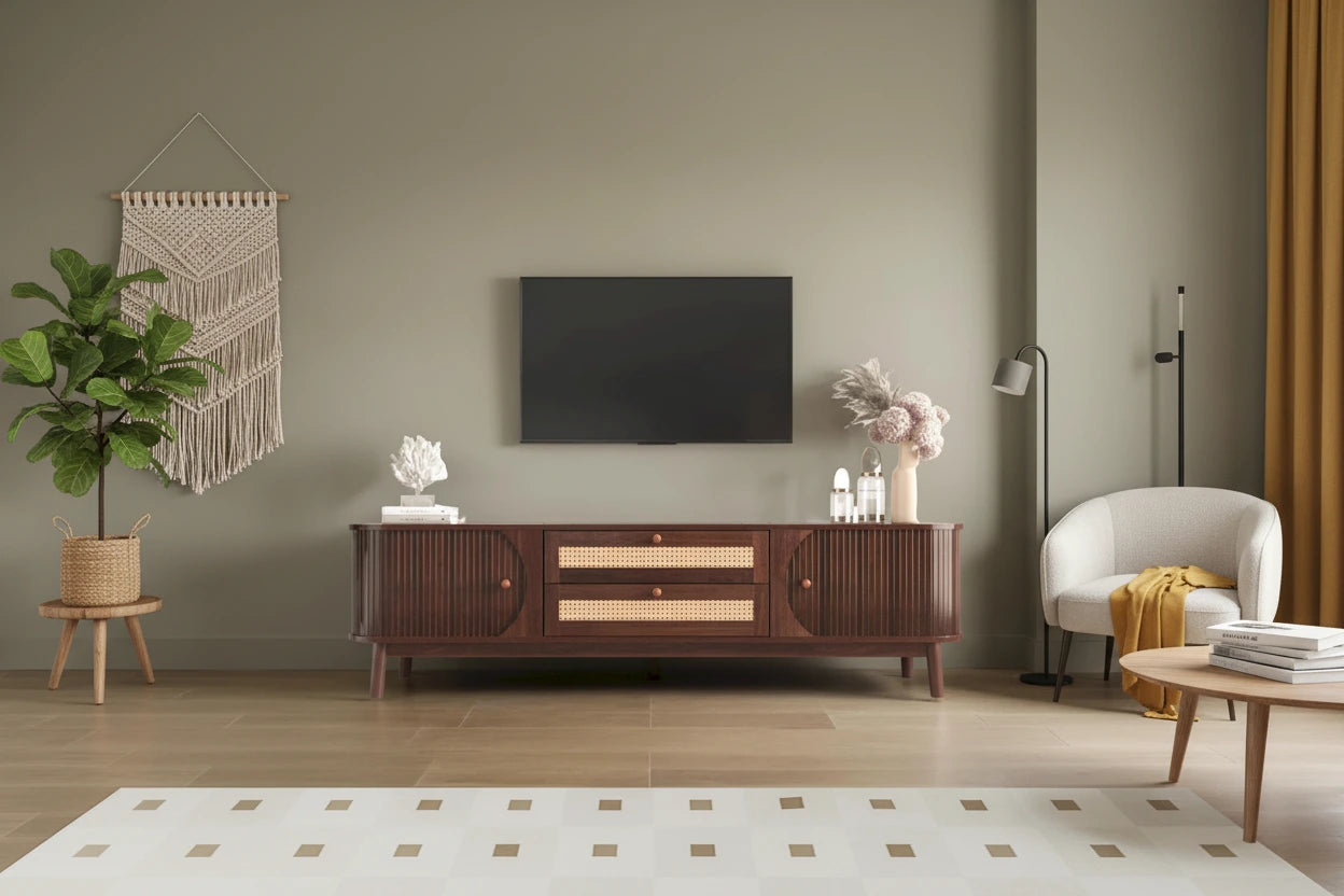 Mobile TV in rattan naturale bianco/marrone, 2 colori, adatto per TV fino a 75"