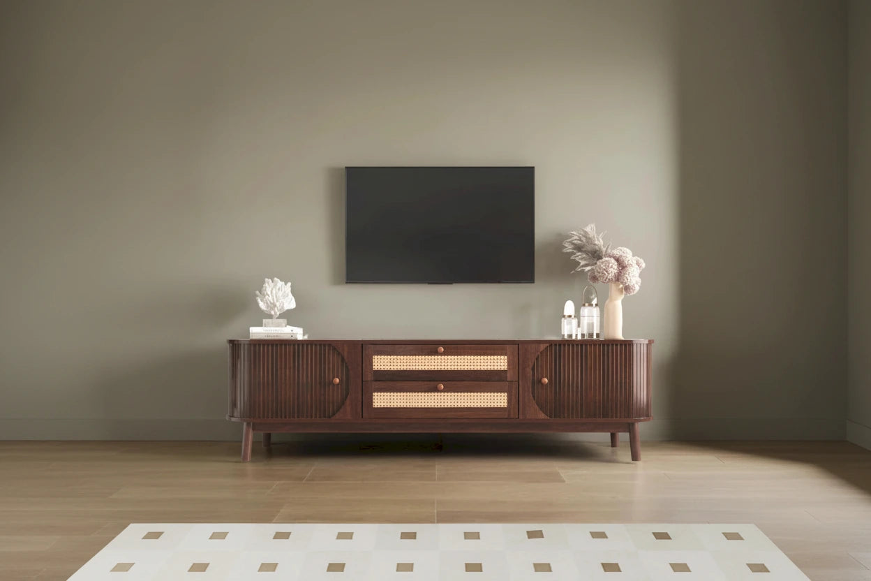Rattan TV Stand for TVs up to 75 Modern Farmhouse Media Console,Entertainment Center with Solid Wood Legs