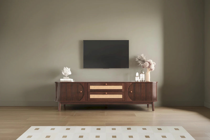 Rattan TV Stand for TVs up to 75 Modern Farmhouse Media Console,Entertainment Center with Solid Wood Legs