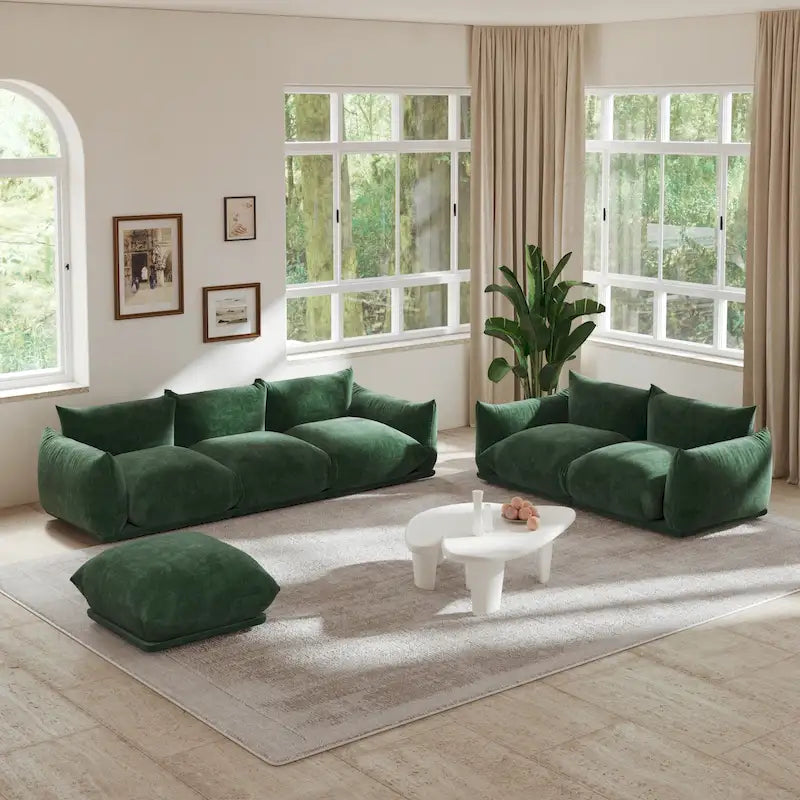 Divano componibile in ciniglia nero/arancio/beige/verde con pouf, 3-4 posti