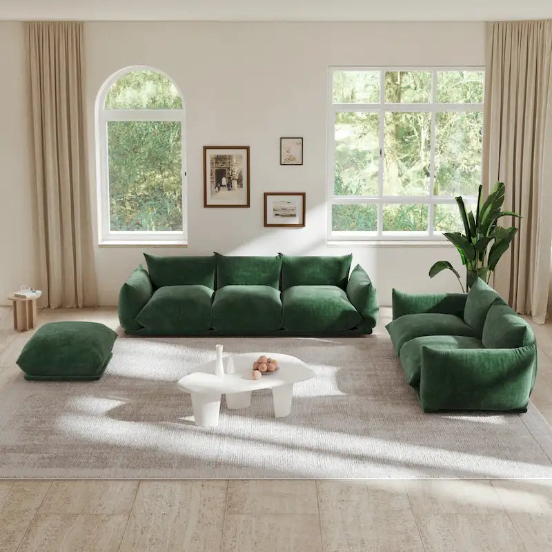 Divano componibile in ciniglia nero/arancio/beige/verde con pouf, 3-4 posti