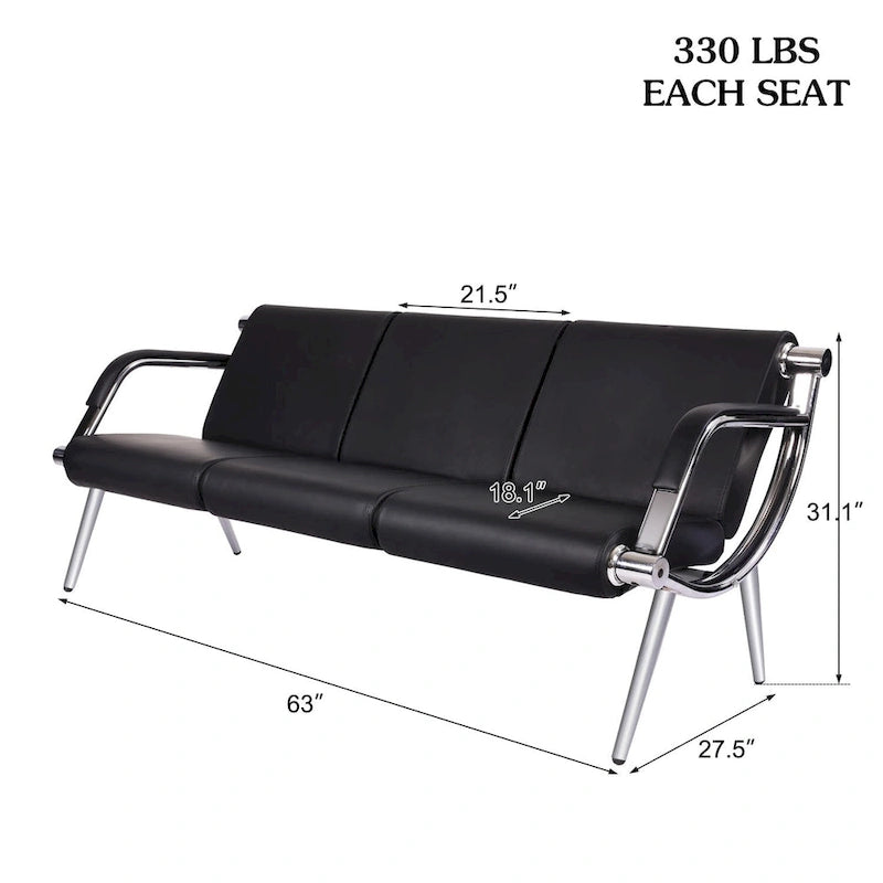 Panca da sala d'attesa in similpelle nera, struttura in acciaio cromato, 1/2/3 posti a sedere