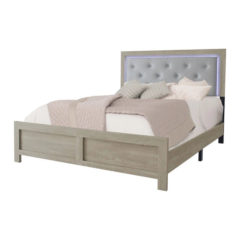 Set da camera da letto in similpelle trapuntata color crema con luci a LED, 4 pezzi, 1-2 persone
