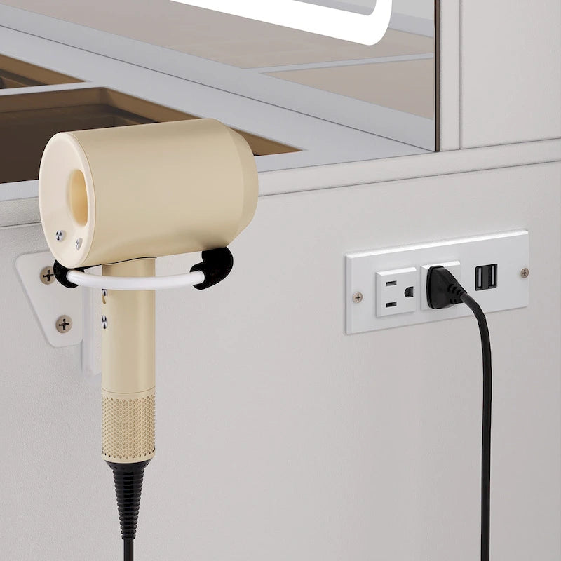 Scrivania da trucco bianca/nera con luci LED e prese di corrente, toletta monoposto con porta asciugacapelli