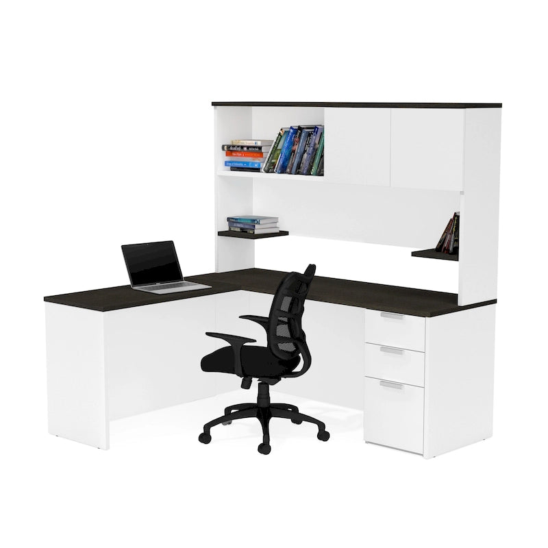 Scrivania a L con libreria, monoposto – bianco e grigio scuro / grigio scuro e nero