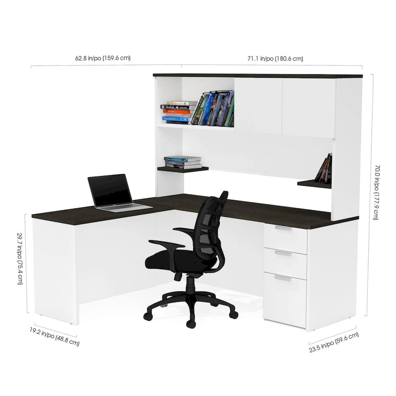 Scrivania a L con libreria, monoposto – bianco e grigio scuro / grigio scuro e nero
