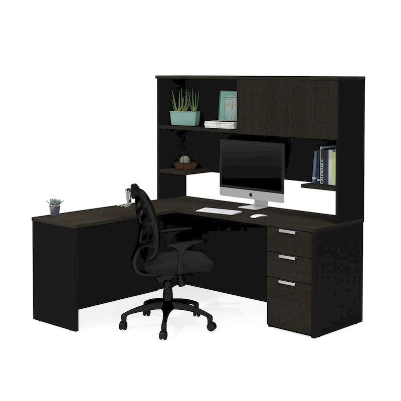 Scrivania a L con libreria, monoposto – bianco e grigio scuro / grigio scuro e nero