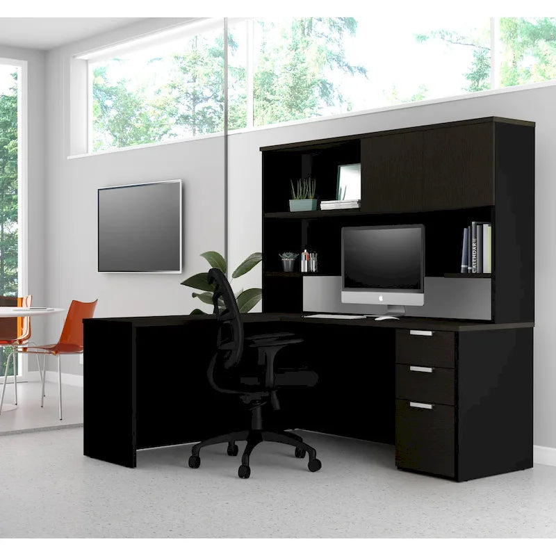 Scrivania a L con libreria, monoposto – bianco e grigio scuro / grigio scuro e nero