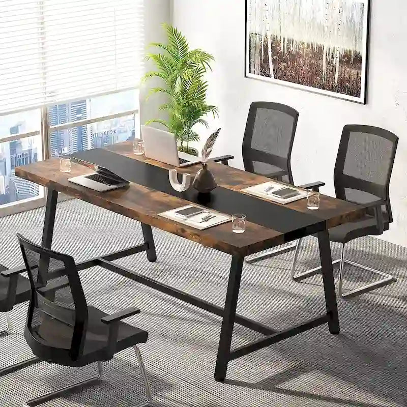 Tavolo riunioni rettangolare marrone / grigio / bianco / naturale, 6 persone, struttura in metallo