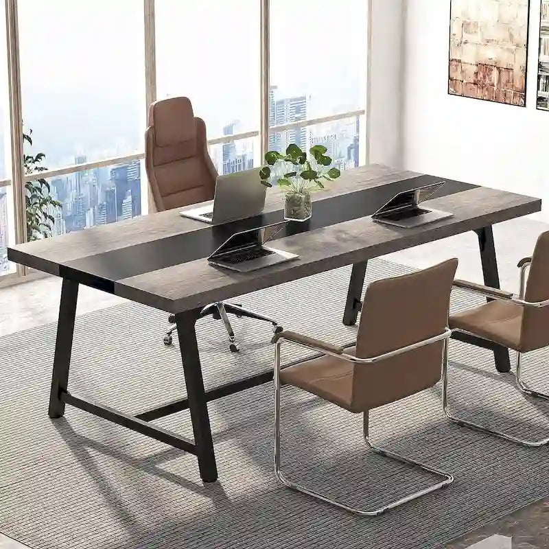 Tavolo riunioni rettangolare marrone / grigio / bianco / naturale, 6 persone, struttura in metallo