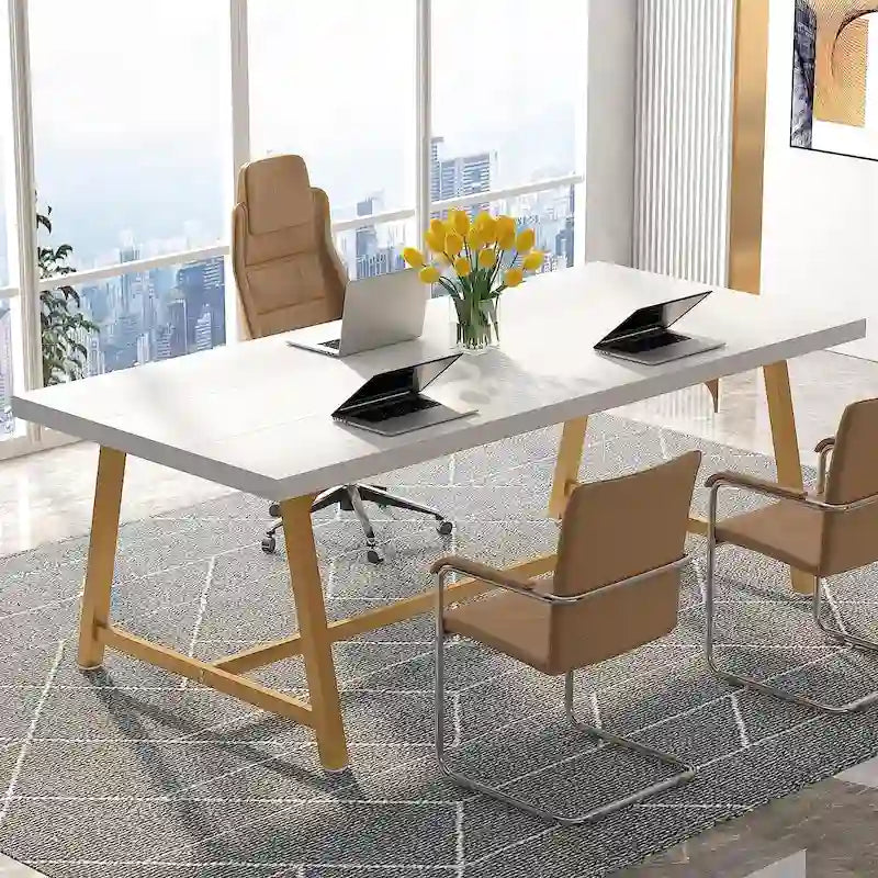 Tavolo riunioni rettangolare marrone / grigio / bianco / naturale, 6 persone, struttura in metallo