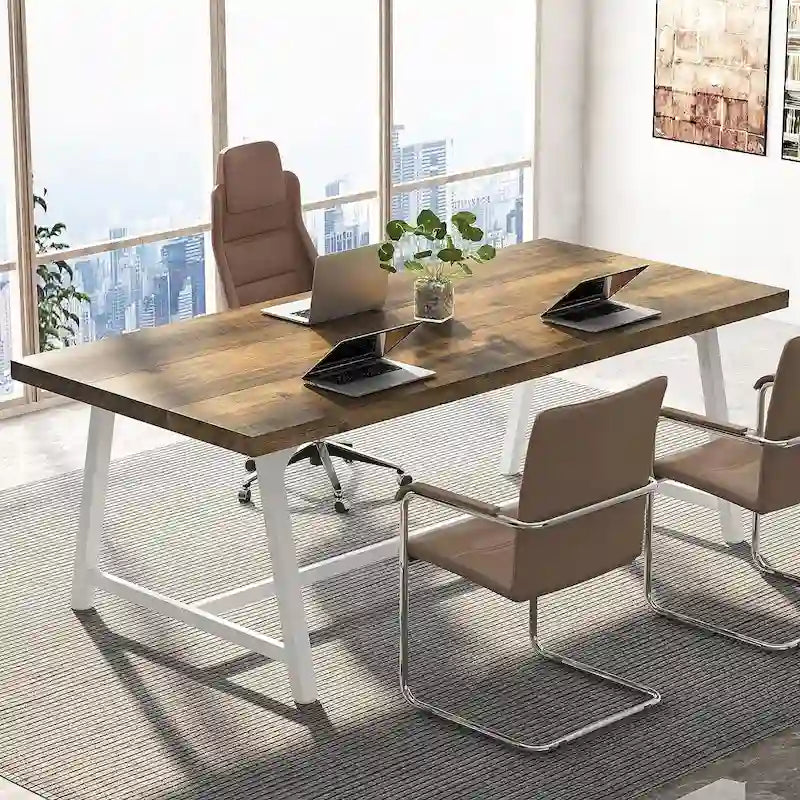 Tavolo riunioni rettangolare marrone / grigio / bianco / naturale, 6 persone, struttura in metallo