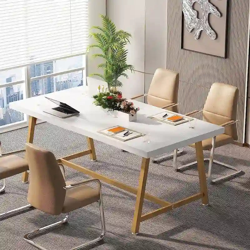 Tavolo riunioni rettangolare marrone / grigio / bianco / naturale, 6 persone, struttura in metallo
