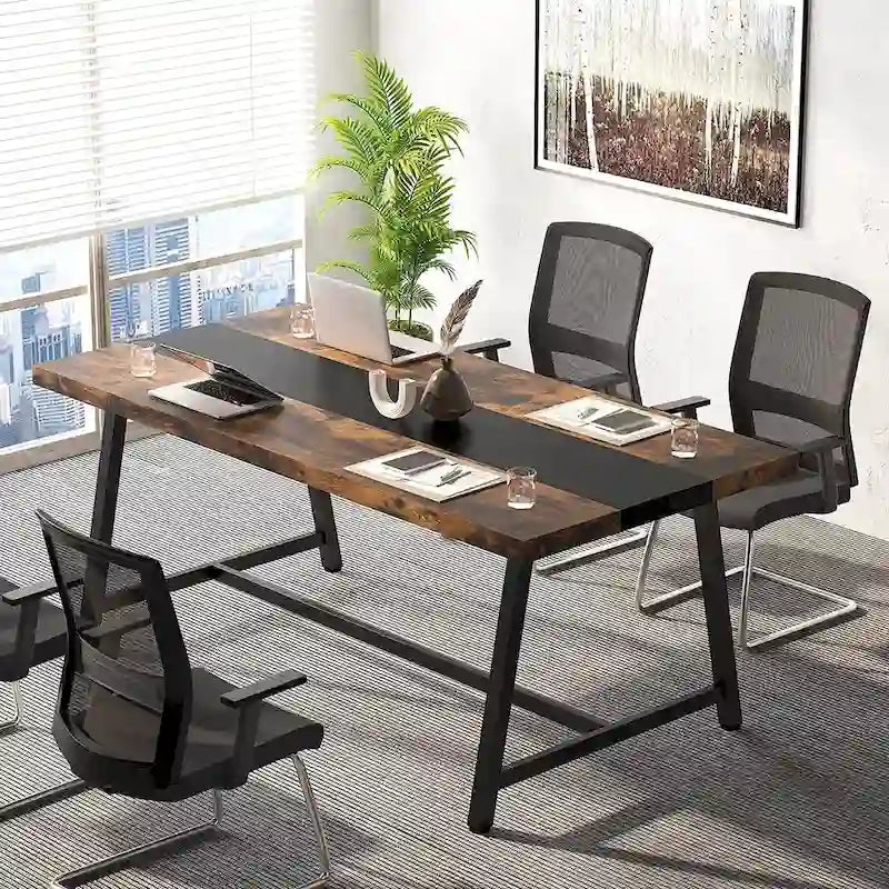 Tavolo riunioni rettangolare marrone / grigio / bianco / naturale, 6 persone, struttura in metallo
