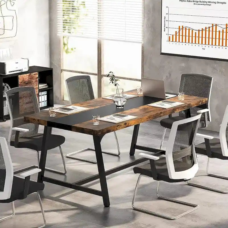 Tavolo riunioni rettangolare marrone / grigio / bianco / naturale, 6 persone, struttura in metallo