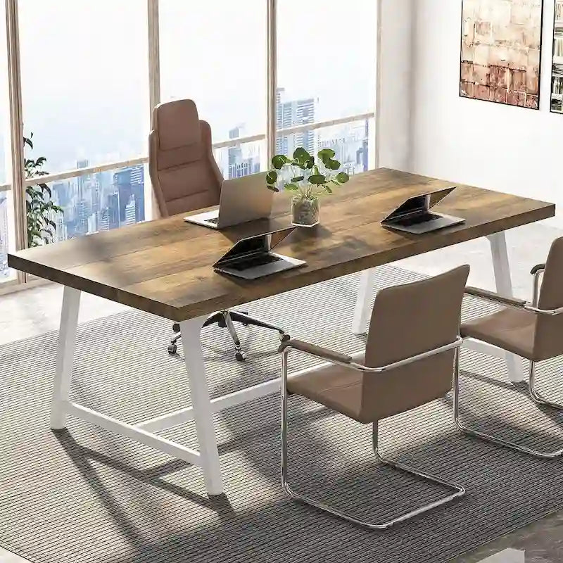Tavolo riunioni rettangolare marrone / grigio / bianco / naturale, 6 persone, struttura in metallo