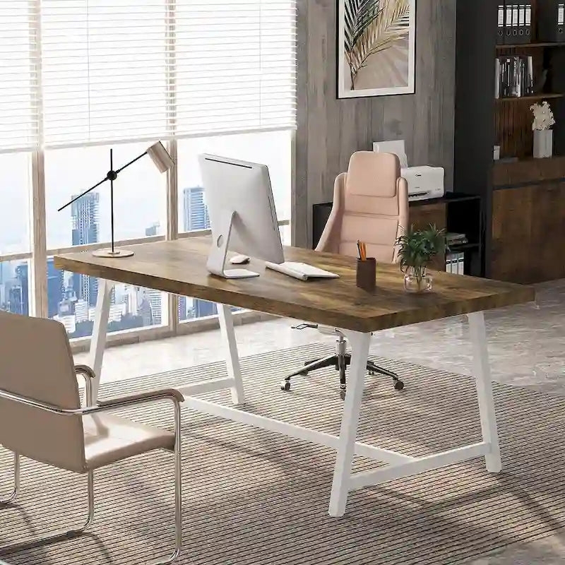 Tavolo riunioni rettangolare marrone / grigio / bianco / naturale, 6 persone, struttura in metallo